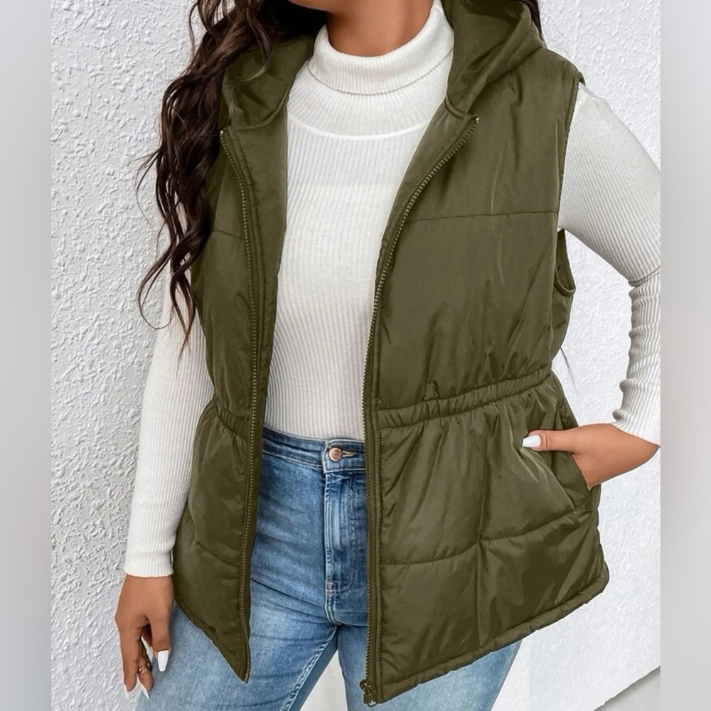 Plus Drawstring Waist Zipper Hooded Vest Puffer
Coat